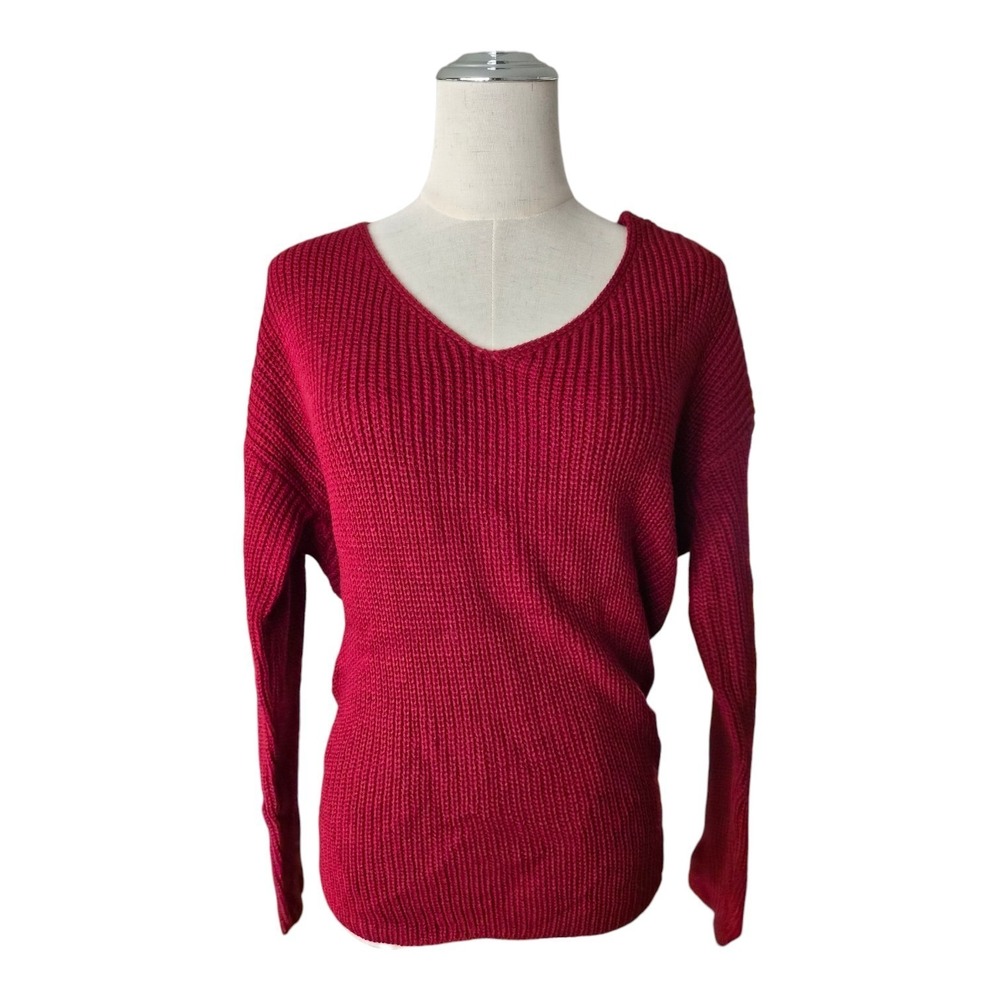 Miracle Sweater Women M/L Red Twist Back Open Back V Neck Slouchy Boho Knit NWT